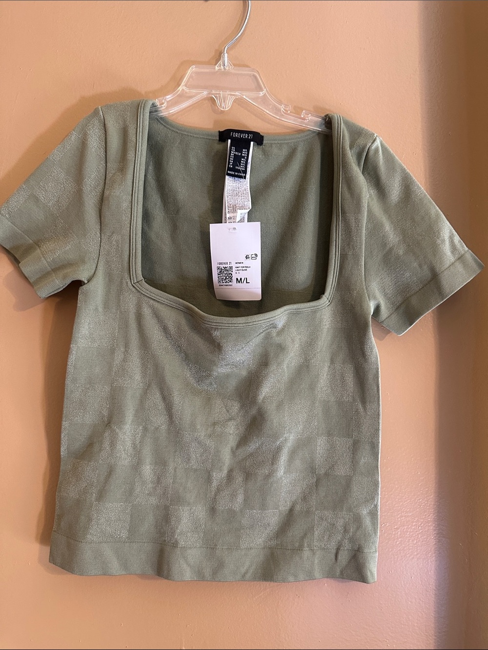 Forever 21 Olive Green Square Neck Short Sleeve Top